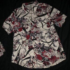 Red/White/Black Button up shirt along with matching shorts